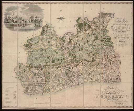 GREENWOOD, Charles & John.  Map of the County of Surrey, from an actual survey made in the years 1822 and 1823. London: George Pringle, 1st September 1823. Large hand-coloured engraved map on 32 sections mounted on linen, vignette of Kew Palace (some very light staining, a few spots), 985 x 1,230mm, folding into contemporary tree calf box with lid.