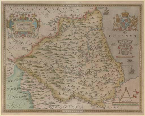 SAXTON, Christopher (c.1543-c.1610).  Dunelmensis Episcopatus (Qui comitatus est palatinus) vera et accurata descriptio. [London:] 1576 [or later]. Hand-coloured engraved map of Northumberland, elaborate title cartouche, 2 coats-of-arms, galleons and sea-monsters (some very faint browning), 370 x 480mm., framed and glazed.