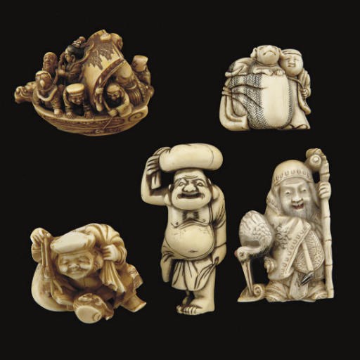 A group of five ivory netsuke, Edo and Meiji Period