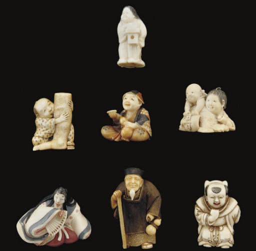 A group of seven signed ivory netsuke, late 19th/early 20th Century