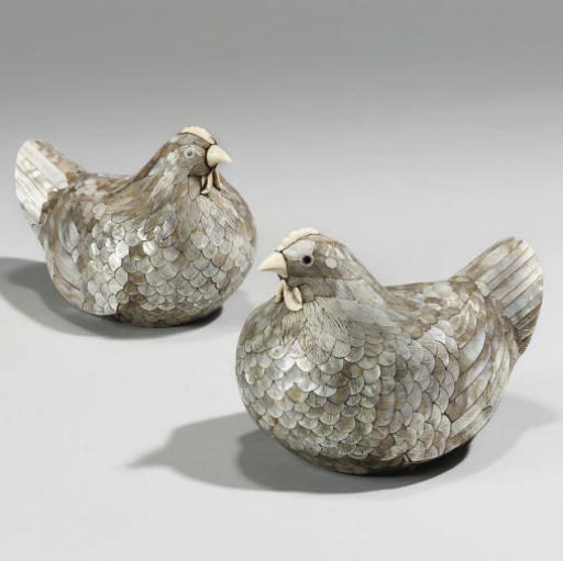 A pair of Japanese mother-of-pearl and ivory hens, 19th Century