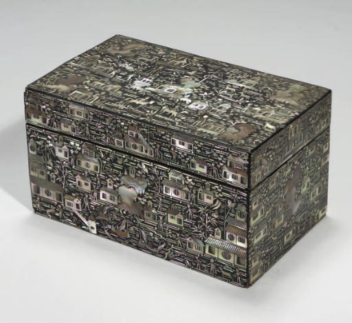 A Mother of pearl inlaid lacquer rectangular box and hinged cover, 19th Century