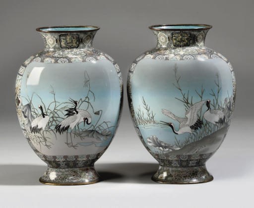 A pair of Japanese cloisonne enamelled vases, Meiji Period (1868-1912)