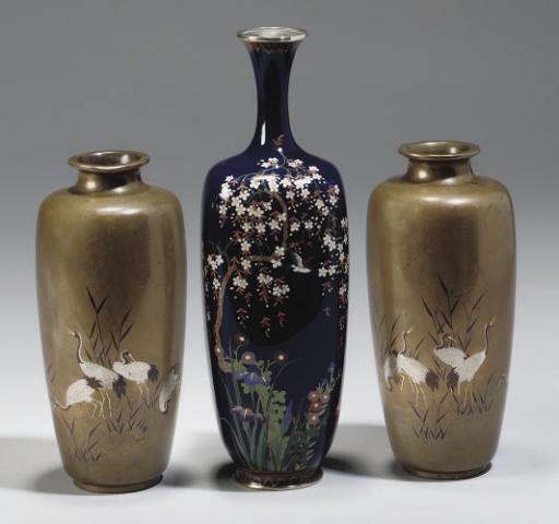 A Pair of Japanese inlaid bronze vases, 19th Century