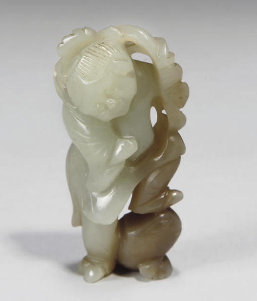 A Chinese celadon and russet jade carving of Liuhai, 19th century
