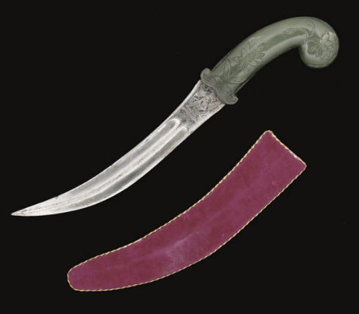 A Mughal style spinach jade handled dagger