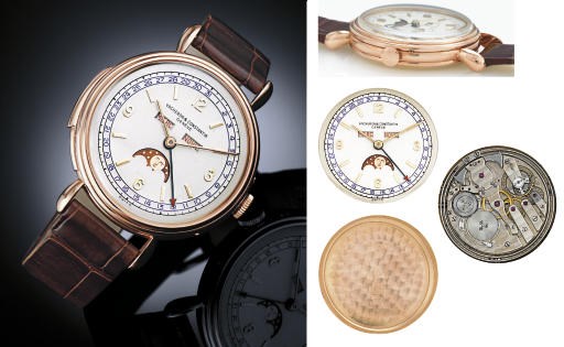 VACHERON CONSTANTIN. AN EXTREMELY FINE, RARE AND HISTORICALLY IMPORTANT OVERSIZED 18K PINK GOLD MINUTE REPEATING TRIPLE CALENDAR WRISTWATCH WITH TWO-TONE DIAL AND MOON PHASES