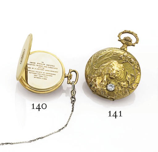 BOREL. A 14K TWO-COLOR GOLD AND DIAMOND HUNTER CASE KEYLESS LEVER POCKET WATCH WITH CHASED CASE