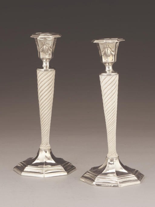 A PAIR OF LATE VICTORIAN SILVER & IVORY CANDLESTICKS,