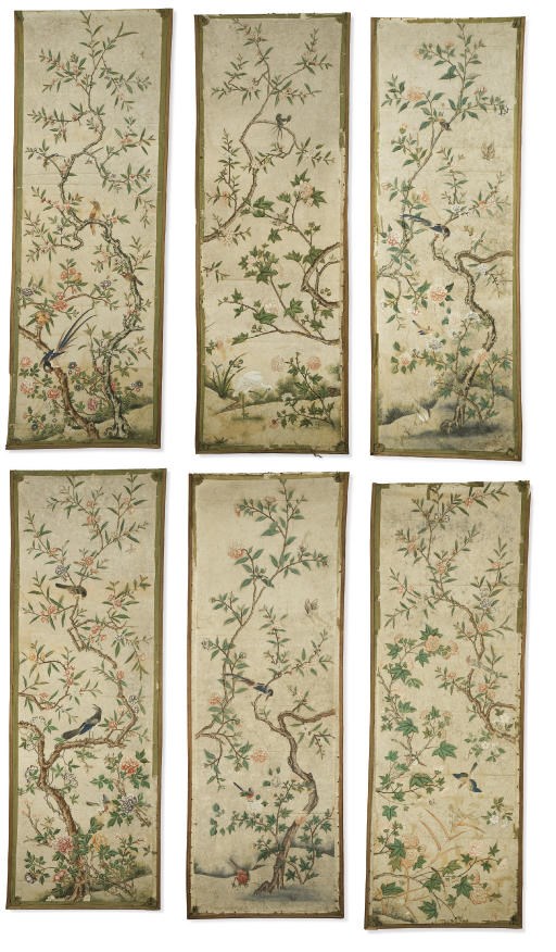 A SET OF SIX CHINESE POLYCHROME-PAINTED WALLPAPER PANELS
