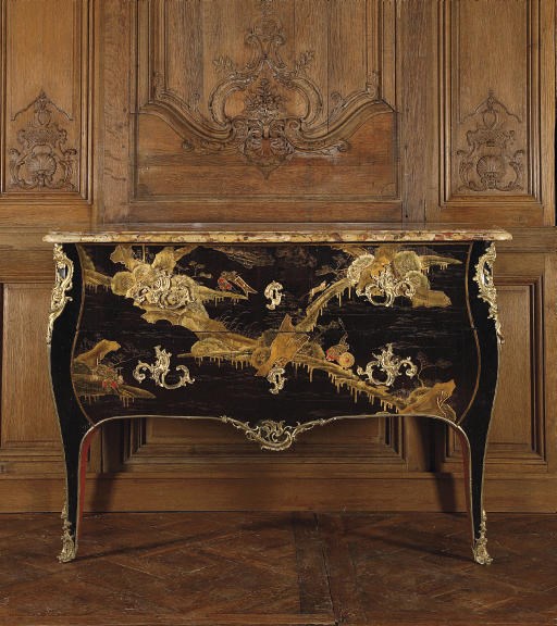 A LOUIS XV ORMOLU-MOUNTED BLACK, GILT AND SCARLET-DECORATED CHINESE LACQUER AND VERNIS COMMODE