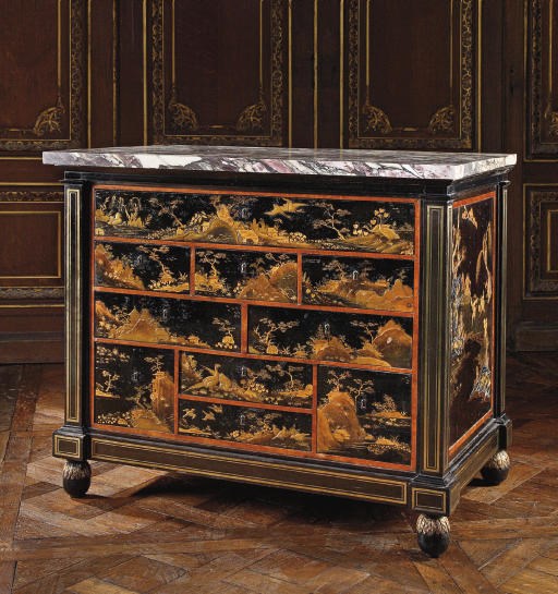 AN EMPIRE JAPANESE LACQUER, BRASS-INLAID EBONY AND SATINWOOD COMMODE