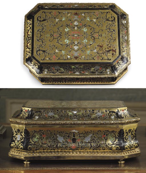A LOUIS XIV POLYCHROME-DECORATED AND TORTOISESHELL-INLAID BOULLE MARQUETRY CASKET**