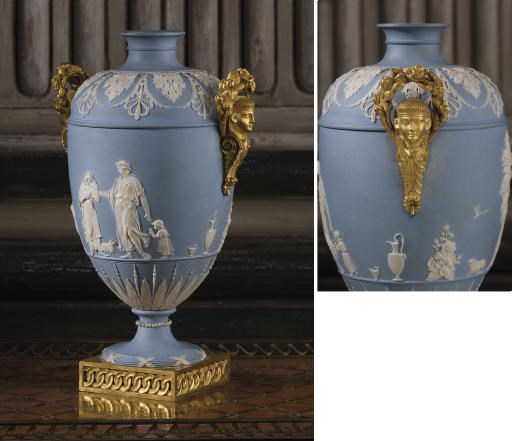 A LOUIS XVI ORMOLU-MOUNTED BLUE AND WHITE JASPERWARE VASE