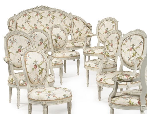 A SUITE OF LOUIS XVI GREY-PAINTED SEATING FURNTURE