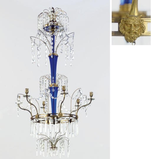 A RUSSIAN ORMOLU, BLUE GLASS AND CUT-GLASS SIX BRANCH CHANDELIER