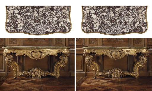 A PAIR OF FRENCH GILTWOOD CONSOLE TABLES WITH GILT-BRONZE-MOUNTED ROMAN MARBLE TOPS