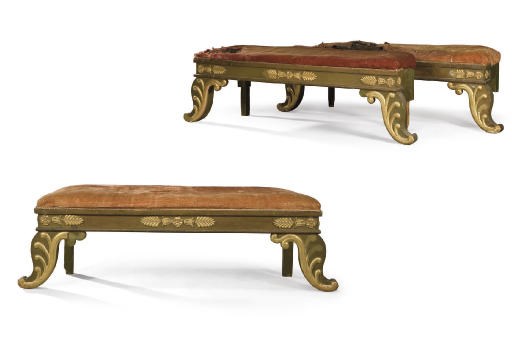 A SUITE OF THREE GERMAN GILTWOOD, GILT-COMPOSITION AND GREEN-PAINTED BANQUETTES