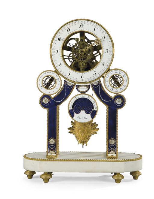 A DIRECTOIRE ORMOLU, ENAMEL AND WHITE MARBLE SKELETON CLOCK