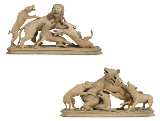 A PAIR OF TERRACOTTA GROUPS OF A LION AND BEAR HUNT