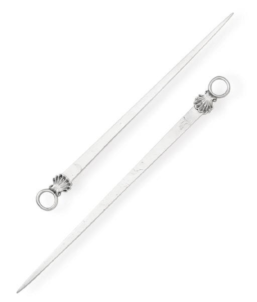 TWO GEORGE III SILVER MEAT SKEWERS