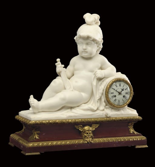 A FRENCH ORMOLU, CARRARA AND GRIOTTE ROUGE MARBLE MANTEL CLOCK