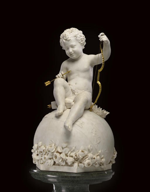 AN ITALIAN ORMOLU AND MARBLE FIGURE ENTITLED 'AMORE IMPERA SUL MONDO', ON PEDESTAL