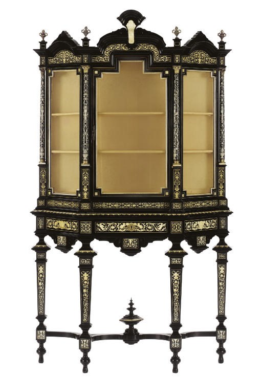 AN ITALIAN GILT-METAL-MOUNTED IVORY-INLAID EBONY VITRINE-ON-STAND**