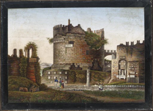 A ROMAN MICROMOSAIC PLAQUE DEPICTING THE TOMB OF CECILIA METELLA