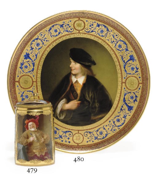A LARGE VIENNA STYLE BURGUNDY-BANDED GOLD-GROUND PORTRAIT LARGE PLATE, 'REMBRANDT. SELBSPORTRAIT.'