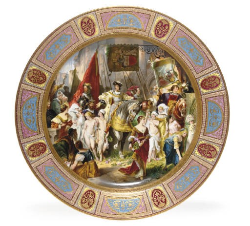 A MASSIVE VIENNA STYLE POLYCHROME-GROUND CHARGER, 'EINZUG KARL KAISER V IN DES ANTWERPEN'