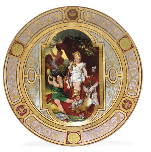 A VIENNA STYLE CLARET-BANDED POLYCHROME-GROUND LARGE PLATE, 'FAGDBEUTE'
