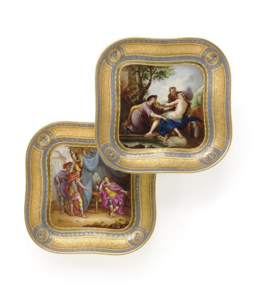 TWO VIENNA (OUTSIDE-DECORATED) BLUE-BANDED GOLD-GROUND SQUARE DISHES