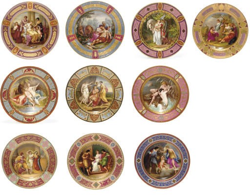 TEN VIENNA STYLE POLYCHROME-GROUND CABINET PLATES