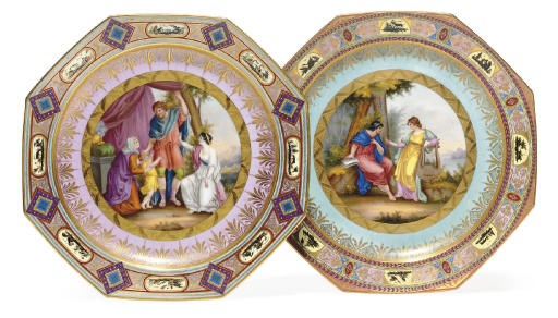 TWO VIENNA STYLE LARGE BURGUNDY-BANDED PALE-BLUE OR PINK GROUND OCTAGONAL CHARGERS