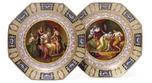 A PAIR OF VIENNA STYLE POLYCHROME AND PINK GROUND OCTAGONAL CHARGERS