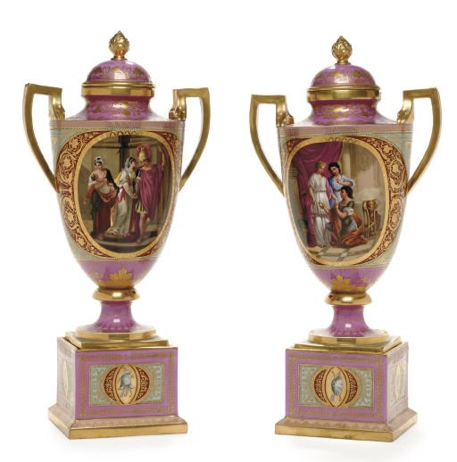 A PAIR OF VIENNA STYLE PINK-GROUND VASES, COVERS AND STANDS