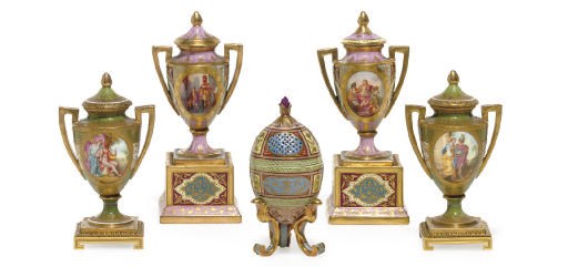 TWO PAIR OF VIENNA STYLE VASES AND COVERS, ONE PAIR ON STANDS AND A VIENNA STYLE POT-POURRI AND COVER