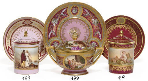 TWO VIENNA STYLE PINK OR CLARET GROUND CHOCOLATE CUPS, COVERS AND SAUCERS