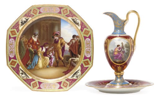 A VIENNA STYLE EWER AND STAND AND A VIENNA STYLE OCTAGONAL CHARGER