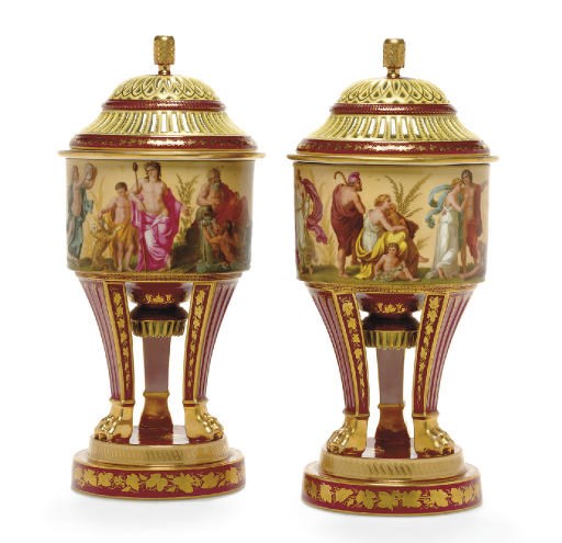 A PAIR OF VIENNA STYLE POT-POURRI VASES, PIERCED COVERS AND LINERS, 'BACHUS' AND 'ORPHEUS'