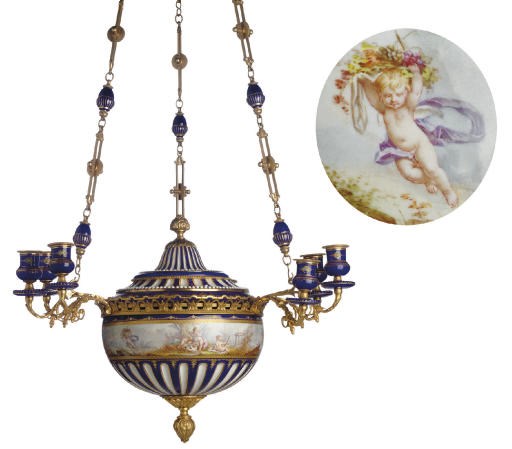 AN ORMOLU-MOUNTED SÈVRES STYLE 'JEWELLED' COBALT-BLUE GROUND NINE-LIGHT CHANDELIER