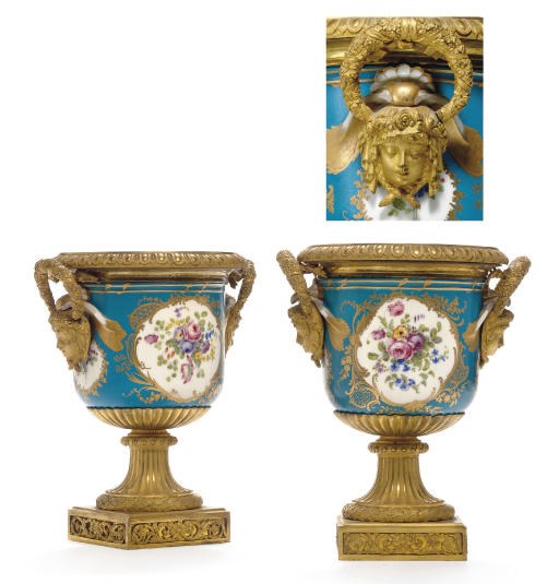 A PAIR OF CHARLES X ORMOLU-MOUNTED SÈVRES (LATER-DECORATED) TURQUOISE GROUND HALF-BOTTLE COOLERS (SCEAUX ORDINAIRES À DEMI-BOUTEILLES)