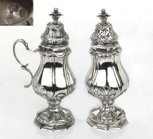 A rare Dutch silver mustard pot and caster