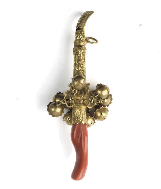 A Dutch gold and coral rattle