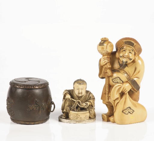Two Japanese okimono, a bronze inkwell and vase