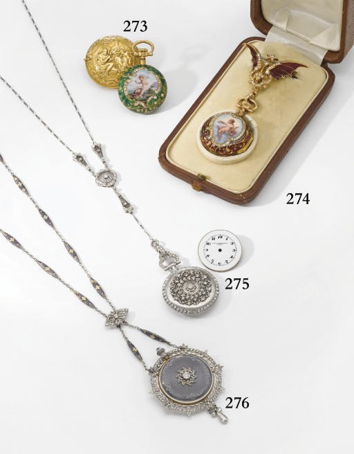 Patek Philippe. A fine and rare 18K gold, enamel and diamond-set repousse pair case keyless lever pendant watch