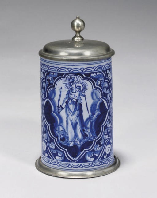A GERMAN FAYENCE PEWTER-MOUNTED CYLINDRICAL TANKARD (WALZENKRUG)