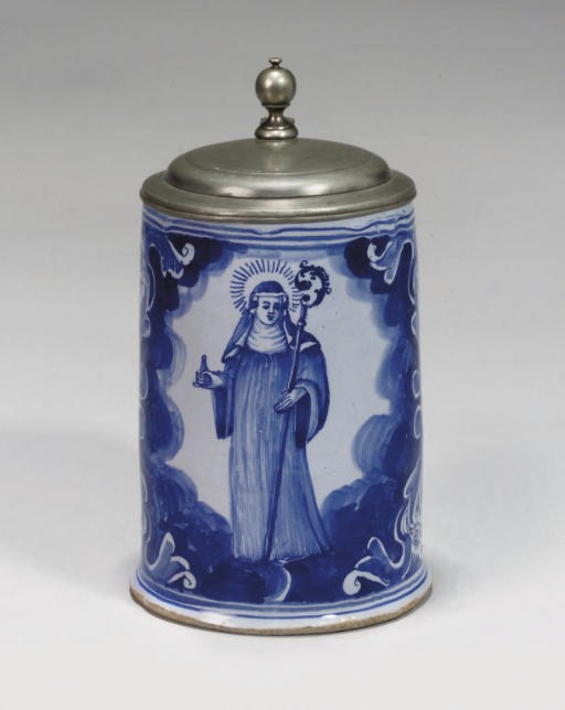 A GERMAN FAYENCE PEWTER-MOUNTED CYLINDRICAL TANKARD (WALZENKRUG)