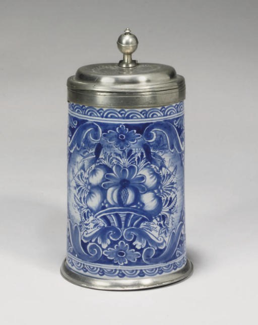 A GERMAN FAYENCE PEWTER-MOUNTED CYLINDRICAL TANKARD (WALZENKRUG)